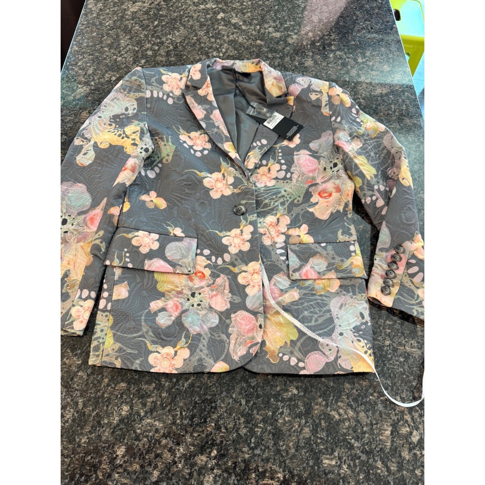 Cynthia Rowley Grey Floral‎ Printed Brocade Oversized Blazer 24F1JK03PL Sz S NWT